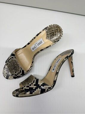 Jimmy Choo Stacey 65 Snake-Print Leather High Heel Slide Sandals - Black/Tan